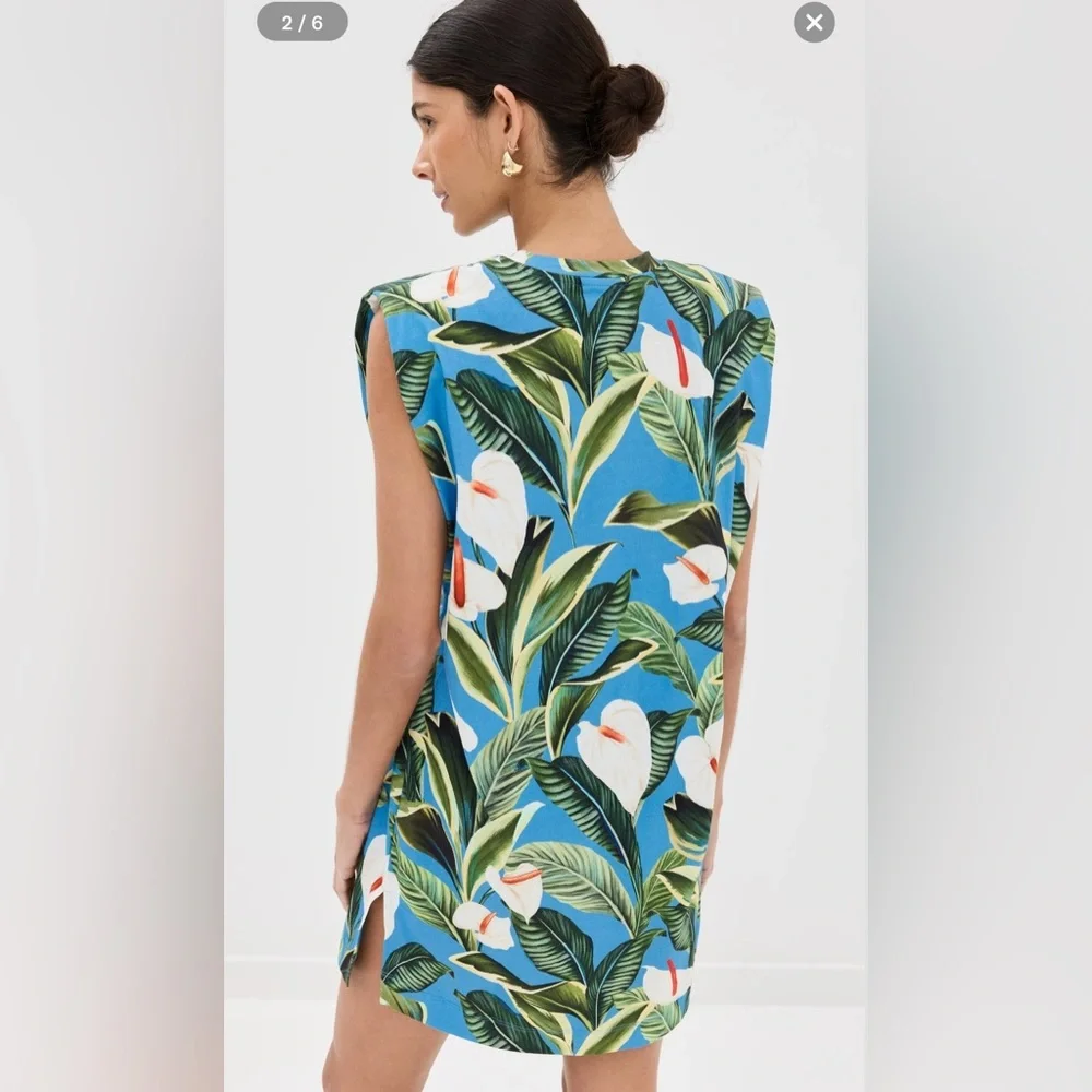 Farm Rio Anthurium Garden Blue Mini T-Shirt Dress - NWT - Picture 2 of 9